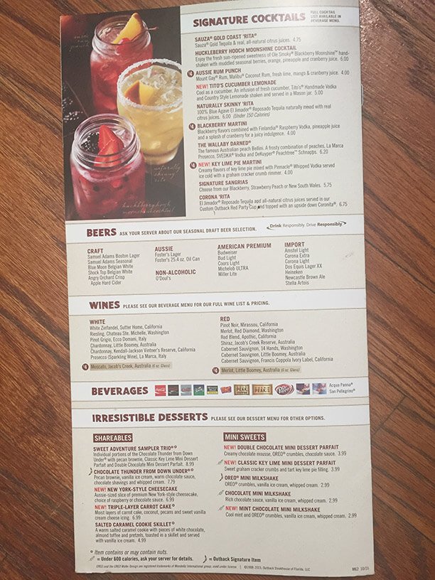 Outback Menu With Prices